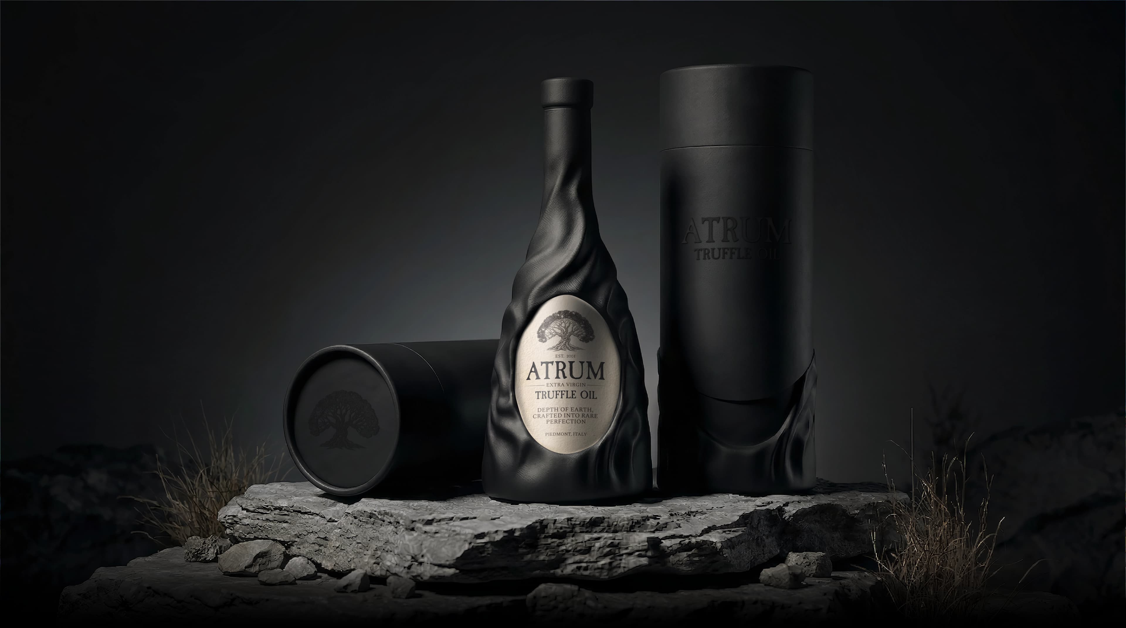 ATRUM — Премиальное трюфельное масло, бутылка и тубус на камне