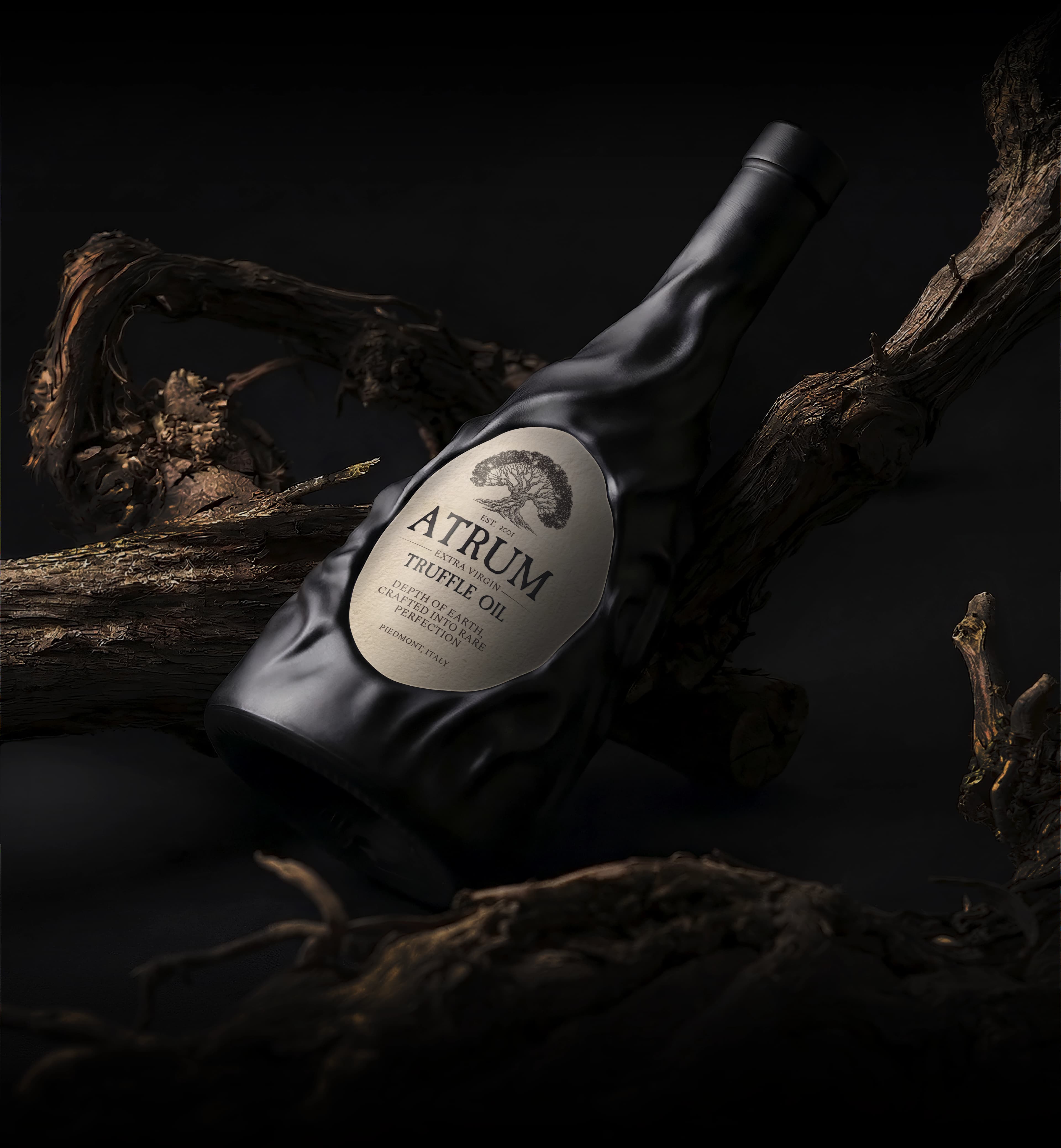 ATRUM — Бутылка трюфельного масла среди ветвей