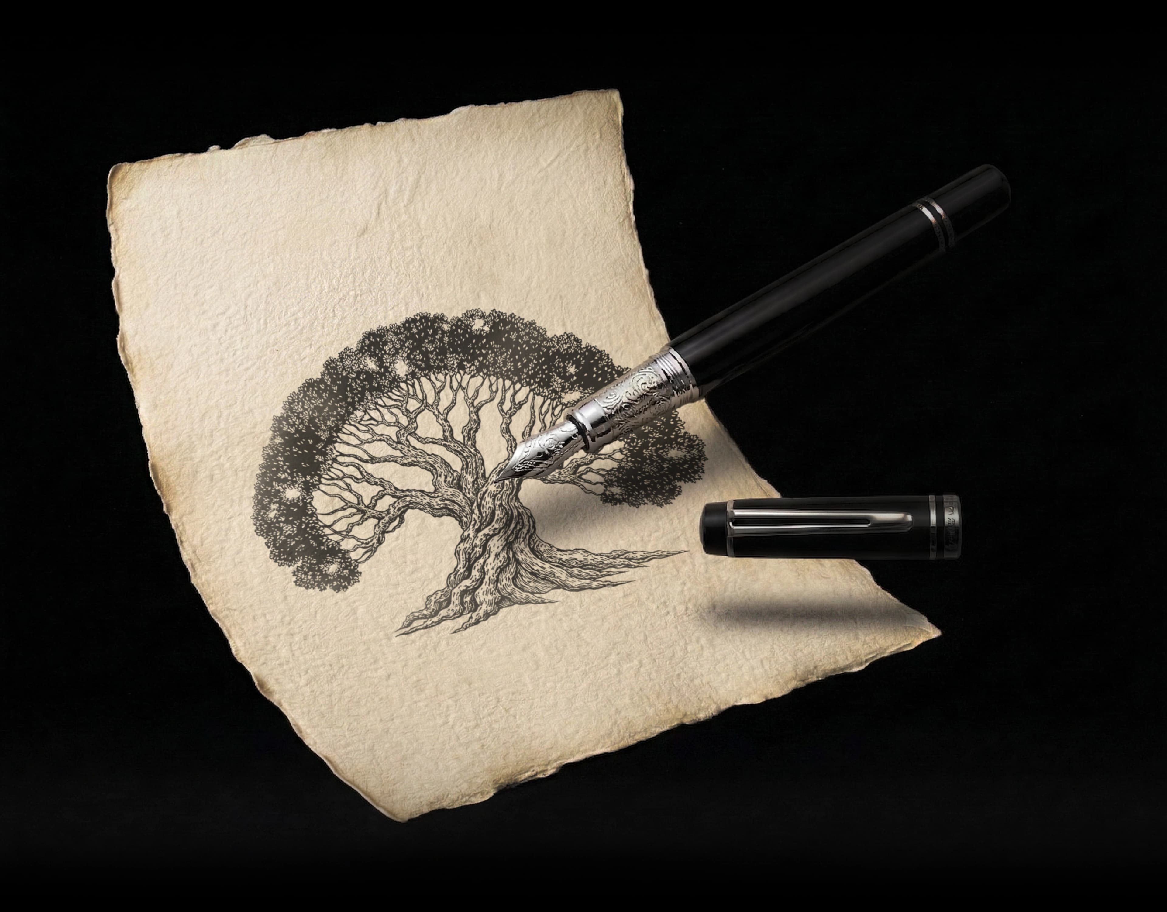 ATRUM — Гравюрная иллюстрация дерева тушью на пергаменте