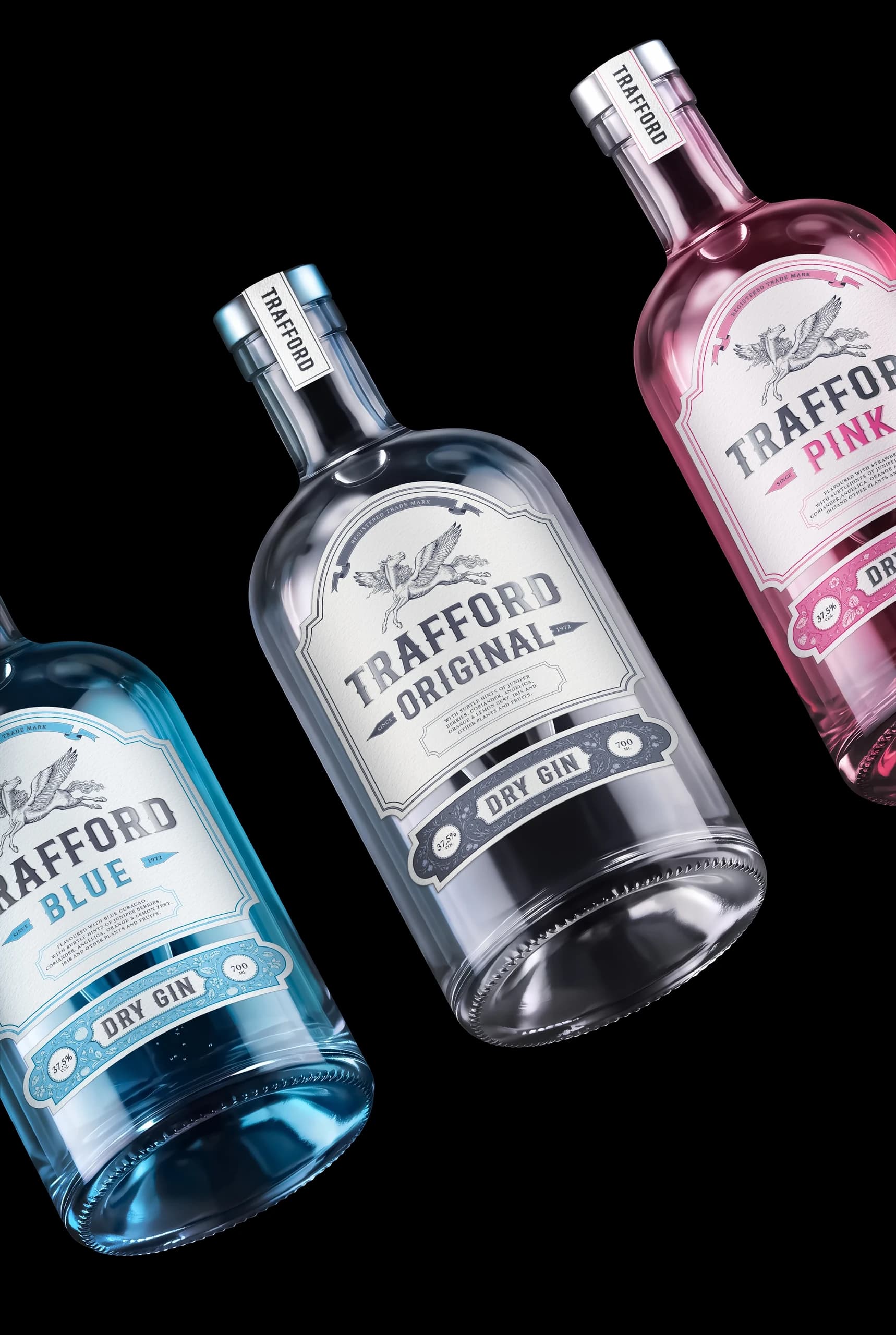TRAFFORD Blue and Original — two gin bottles up close