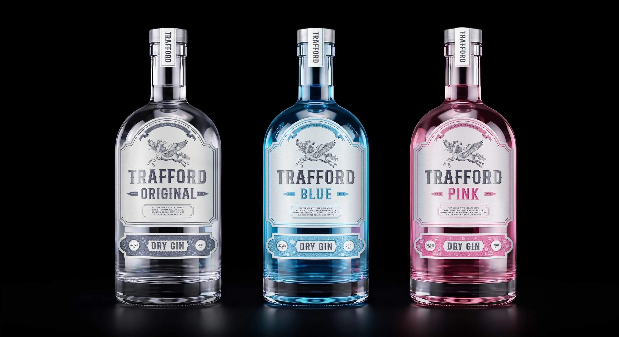 TRAFFORD — the gin range: Original, Blue and Pink in a row